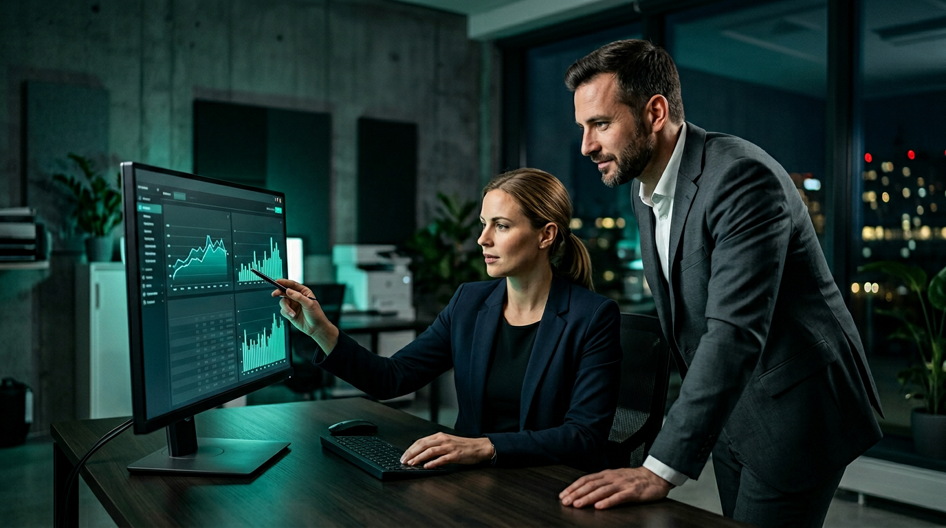 Two professionals reviewing keyword ranking charts on a monitor