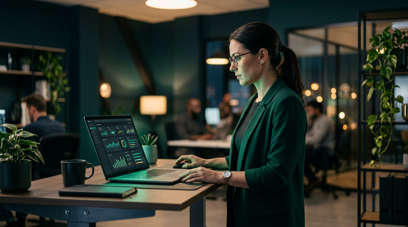 SEO professional auditing a website on a laptop at a standing desk