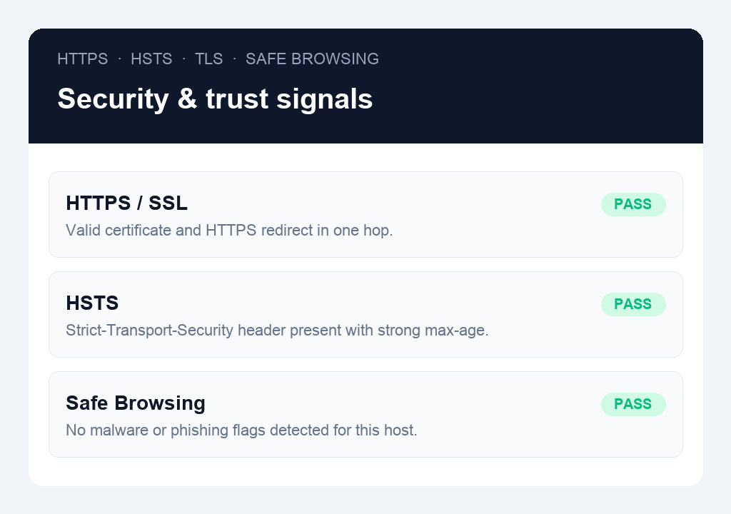 SEO Site Signals HTTPS, HSTS, and Safe Browsing security signals
