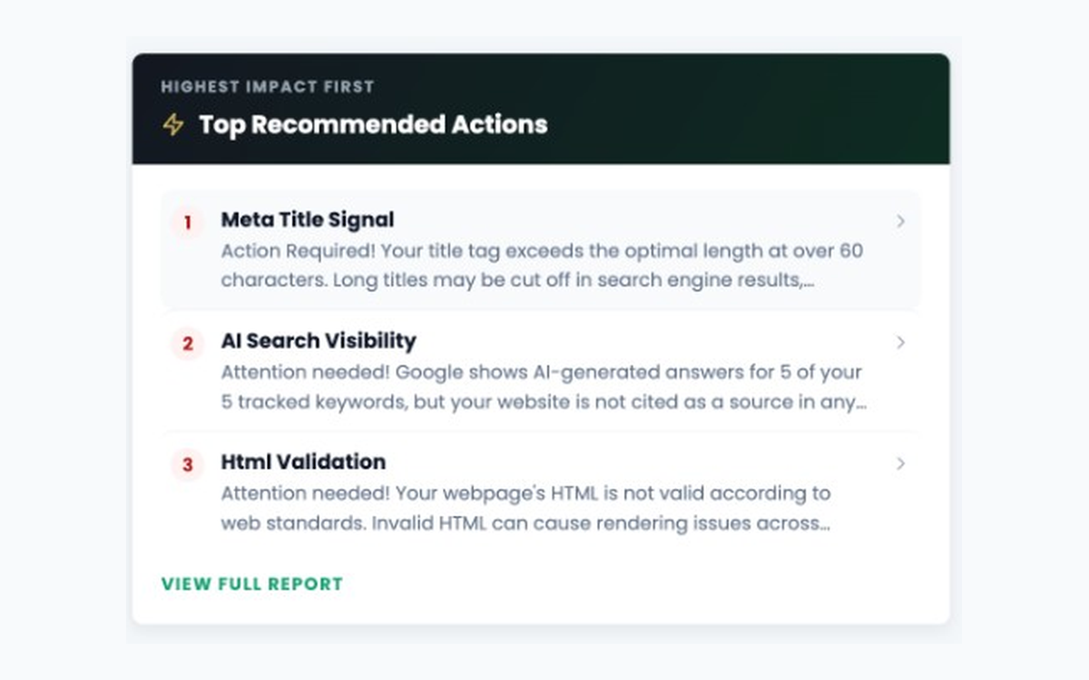 SEO Site Signals Top Recommended Actions with prioritized SEO issues
