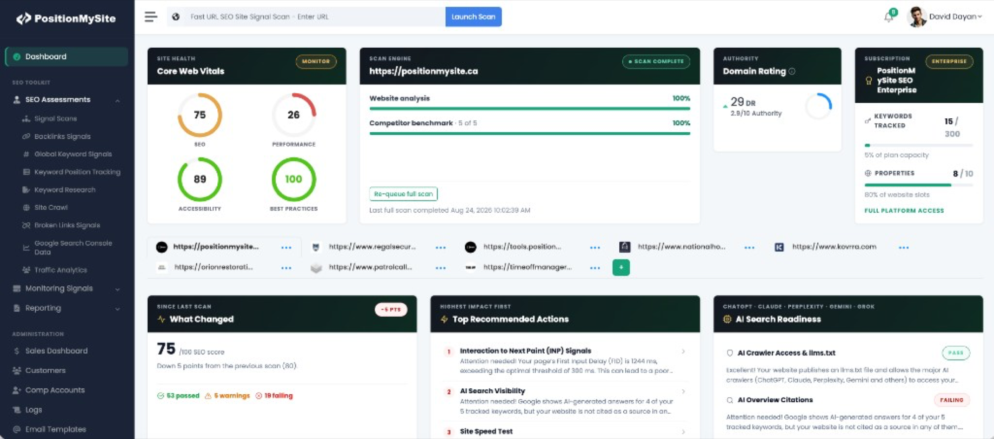 PositionMySite SEO dashboard showing SEO score, Core Web Vitals, domain rating, and AI search readiness